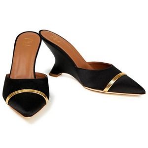 Malone Souliers Black Gold Marilyn 80 Metallic Leather-trimmed Satin Wedge Mules